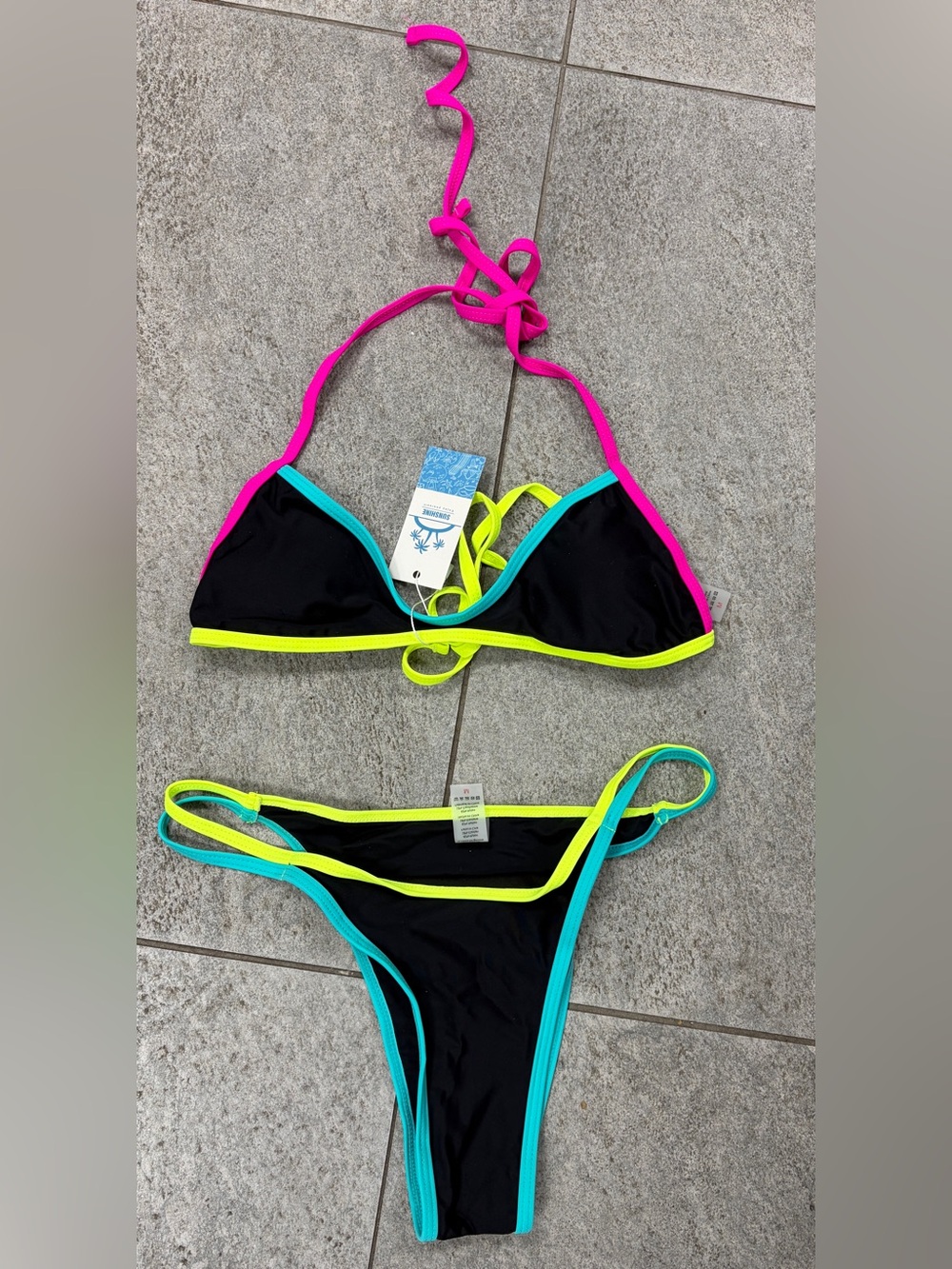 Sexy Black Neon Trim Triangle Bikini Top and Bottom - Pink, Yellow, Teal Accents